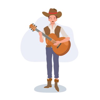 Batı tarzında Gitar Çalan Uzun Boylu Çizgi Kovboy. Düz vektör çizgi film karakteri çizimi.
