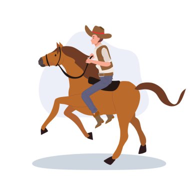 At süren şapkalı bir kovboy. Düz vektör çizgi film karakteri çizimi.