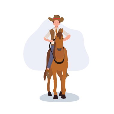 At süren şapkalı bir kovboy. Düz vektör çizgi film karakteri çizimi.