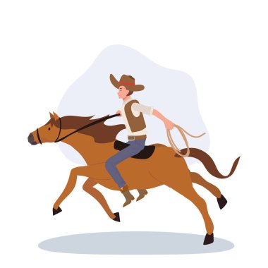 Lasso Riding Horse 'lu klasik kovboy. Düz vektör çizgi film karakteri çizimi.