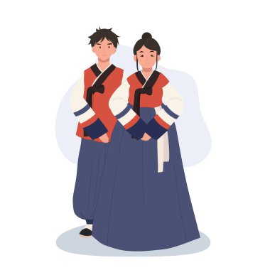 Modern Hanbok 'taki Gülen Çift Festivali' nde. Tatil ya da etkinlik için Kore takımında gülümseyen kadın ve erkek..
