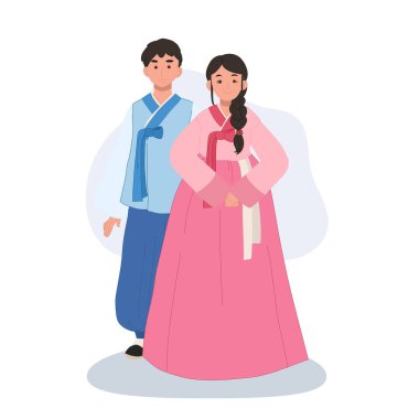 Modern Hanbok 'taki Gülen Çift Festivali' nde. Tatil ya da etkinlik için Kore takımında gülümseyen kadın ve erkek..