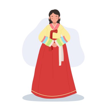 Neşeli Hanbok selamı. Kore Hanbok 'unda gülümseyen Asyalı kadın Neşe ve kibarlıkla selamlıyor