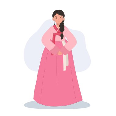 Neşeli Hanbok selamı. Kore Hanbok 'unda gülümseyen Asyalı kadın Neşe ve kibarlıkla selamlıyor