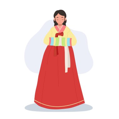Neşeli Hanbok selamı. Kore Hanbok 'unda gülümseyen Asyalı kadın Neşe ve kibarlıkla selamlıyor