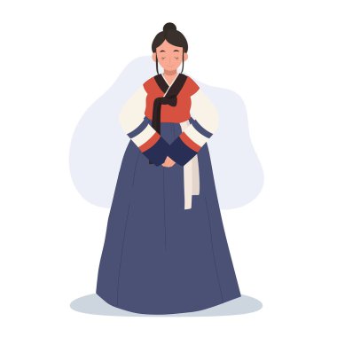Neşeli Hanbok selamı. Kore Hanbok 'unda gülümseyen Asyalı kadın Neşe ve kibarlıkla selamlıyor