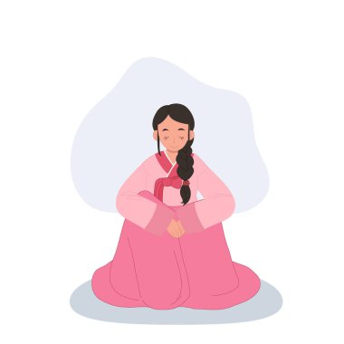 Saygılı bir jest. Kore Hanbok 'ta, Geleneği Kucaklayan Genç Kadın. Geleneksel Selamlama