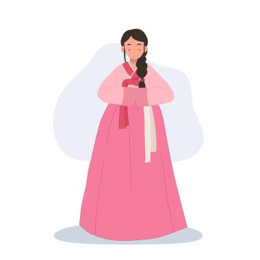 Neşeli Hanbok selamı. Kore Hanbok 'unda gülümseyen Asyalı kadın Neşe ve kibarlıkla selamlıyor