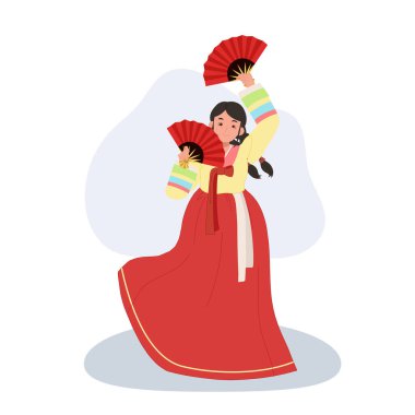 Hanbok 'ta Koreli Kadın Geleneksel Hayran Dansı Yapıyor. 