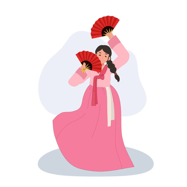 Корейская женщина в Ханбоке исполняет традиционные танцы фанатов. 