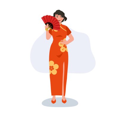 Şık Asyalı Kutlama Festivali Ay 'ın Yeni Yılı. Çinli Kadın Geleneksel Hayranlarıyla Pozisyon Veriyor