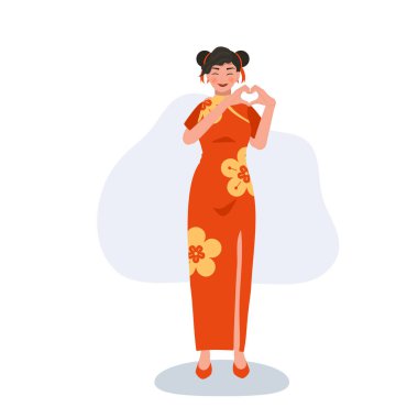 Şenlikli Çin Yeni Yılı konsepti. Sembolik kalbi olan kırmızı elbiseli, gülümseyen kadın el hareketi.