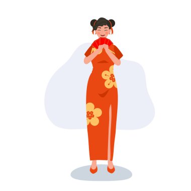 Çin Yeni Yıl Kutlaması. Kırmızı Zarf Tutan Asyalı Zarif Kadın