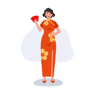 Çin Yeni Yıl Kutlaması. Kırmızı Zarf Tutan Asyalı Zarif Kadın