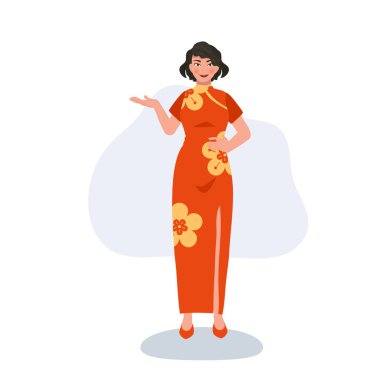 Kırmızı elbiseli neşeli Asya Modeli. Çin Yeni Yılı için Kültürel Zarafet