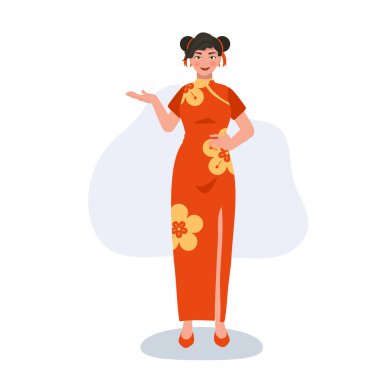 Kırmızı elbiseli neşeli Asya Modeli. Çin Yeni Yılı için Kültürel Zarafet