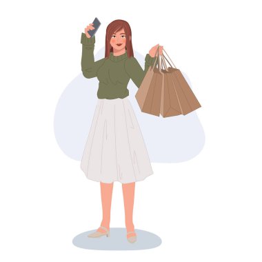 Güzel Kadın Alışveriş yaptıktan sonra Smartphone ile Selfie Çekiyor