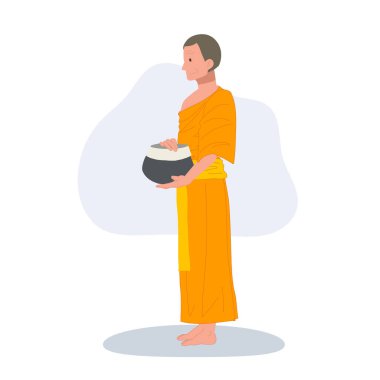 Geleneksel Bornozlu Tayland keşişi ve sadaka kasesi tam boy yan görünüm. 