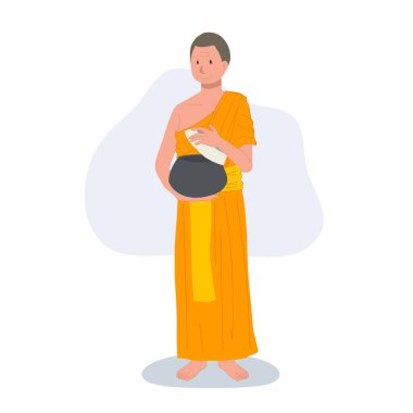 Geleneksel Bornozlu Tayland keşişi yemek için bağış kasesi açıyor. 