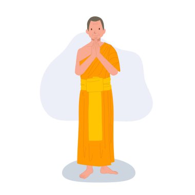  Güneydoğu Asya Kültürü. Meditasyon cübbeleriyle Tayland keşişi selamlaması. sawasdee. Teşekkür ederim!