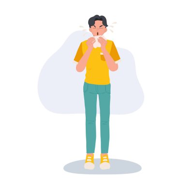 Alerji ve Soğuk Savaş Konsepti. Kağıt mendille hapşıran adam.