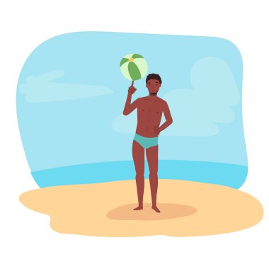 Plaj etkinliği konsepti. Beachball Maçı 'nın tadını çıkaran adam. Neşeli adam Beachball 'la oynuyor