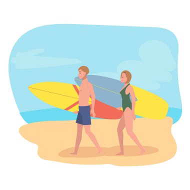 Sörf tahtası olan genç arkadaşlar. Sahilde sörf tahtalarıyla eğlenceli bir gün..