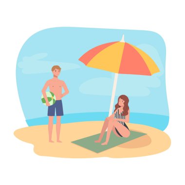 Plaj etkinliği konsepti. Güzel bir plaj günü. Kumsaldaki Mutlu İnsanlar. Güneş banyosu