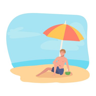 Yaz tatili konsepti. Plaj güneşlenmesi. Sahilde uzanan adam