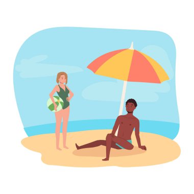 Plaj etkinliği konsepti. Güzel bir plaj günü. Kumsaldaki Mutlu İnsanlar. Güneş banyosu