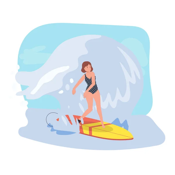Outdoor Water Sports Action. Woman Surfing with Surfboard on Big Wave