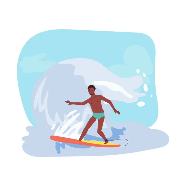 Outdoor Water Sports Action. African american man Surfing with Surfboard on Big Wave