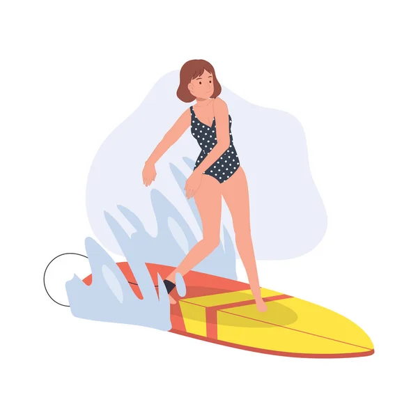 Outdoor Water Sports Action. Woman Surfing with Surfboard
