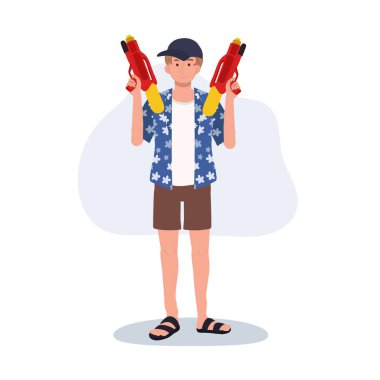 Neşeli adam Songkarn Festivali 'nin tadını çıkarıyor Su Dövüşü. Su tabancalı adam.