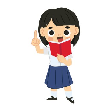 Sevimli Taylandlı küçük kız okul üniforması okuyor - Kawaii Karakteri