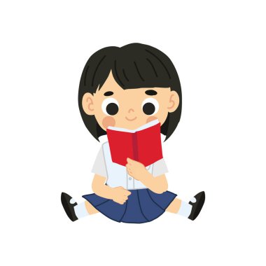 Öğrenme ve Çalışma Konsepti. Tapılası Tayland Öğrenci Çizgi Filmi Oturup Kitap Okuma.