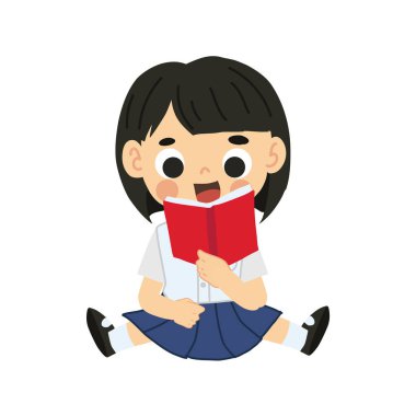 Öğrenme ve Çalışma Konsepti. Tapılası Tayland Öğrenci Çizgi Filmi Oturup Kitap Okuma.