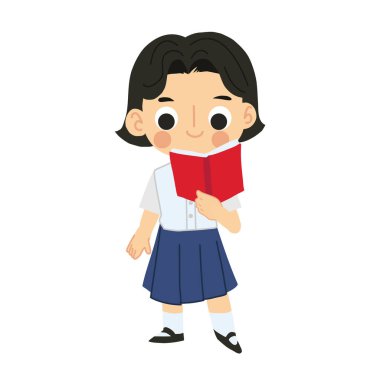 Sevimli Taylandlı küçük kız okul üniforması okuyor - Kawaii Karakteri