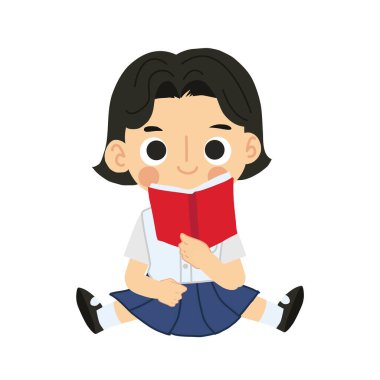 Öğrenme ve Çalışma Konsepti. Tapılası Tayland Öğrenci Çizgi Filmi Oturup Kitap Okuma.