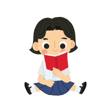 Öğrenme ve Çalışma Konsepti. Tapılası Tayland Öğrenci Çizgi Filmi Oturup Kitap Okuma.