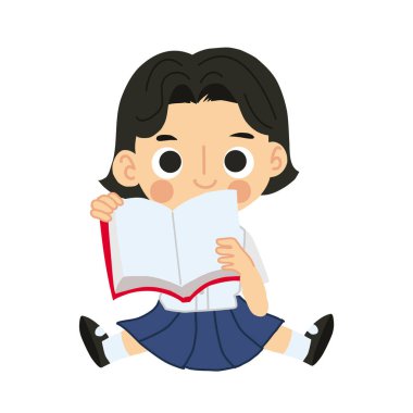 Öğrenme ve Çalışma Konsepti. Tapılası Tayland Öğrenci Çizgi Filmi Oturup Kitap Okuma.