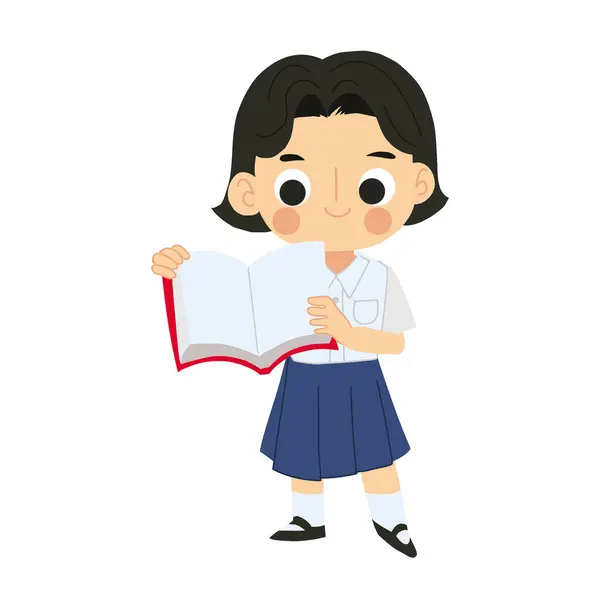 stock vector Adorable Cartoon Character of Thai Schoolgirl Engaged in Reading