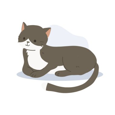 Kawaii Smokin Kedi Çizimi Şirin Siyah ve Beyaz Kedi Oturuyor ve Yerde Yatıyor. Kedi severler için mükemmel.