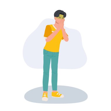 Mide bulantısı olan bir adam kötü kokulu mide ağrısından midesi bulanıyor.