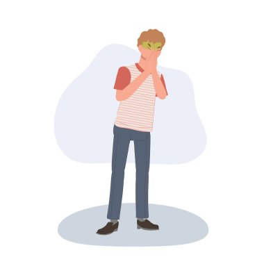 Mide bulantısı olan bir adam kötü kokulu mide ağrısından midesi bulanıyor.