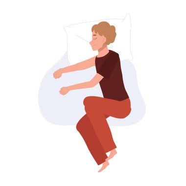 Pijamalı bir adam huzurlu bir gece uykusunun tadını çıkarıyor. Pijamalı bir adamın huzurlu uykusu. Rahatlamış uyku öncesi duruşu.