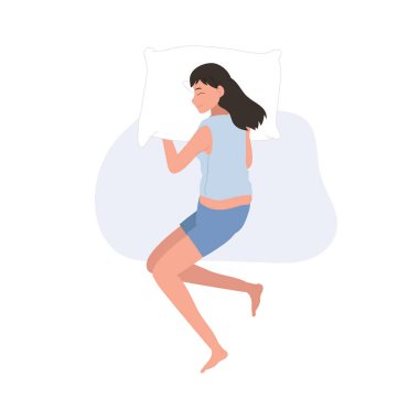 Cartoon Woman Sleeping Peacefully in Pajamas. Dreamland Night Scene with Pillow Comfort