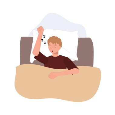 Pijamalı bir adam, gece rahat bir vektör uyku illüstrasyonunda Zzz işareti ile yatakta uyuyor.