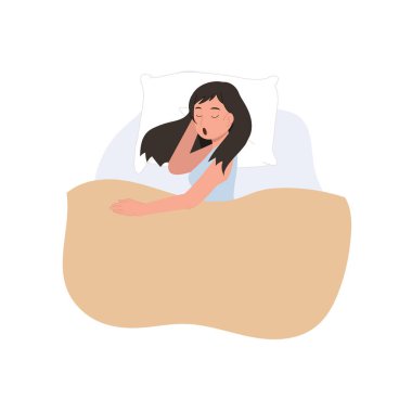 Cartoon illustration of a woman in pajamas sleeping peacefully on a bed, dreaming sweetly with a pillow clipart