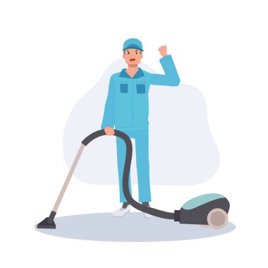 Mavi Üniformalı Süpürge, Ev İşi için Profesyonel Erkek Temizlikçi İllüzyonu ya da Ticari Temizlik İşleri Mutlu Çizgi Film Hademesi